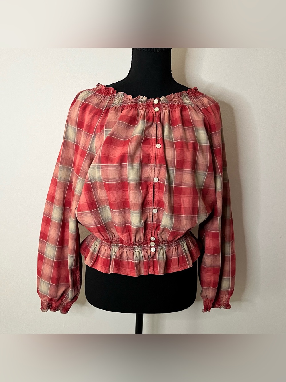 Lauren Ralph Lauren Red Tan Plaid Smocked Peasant Blouse Country Cottagecore P L